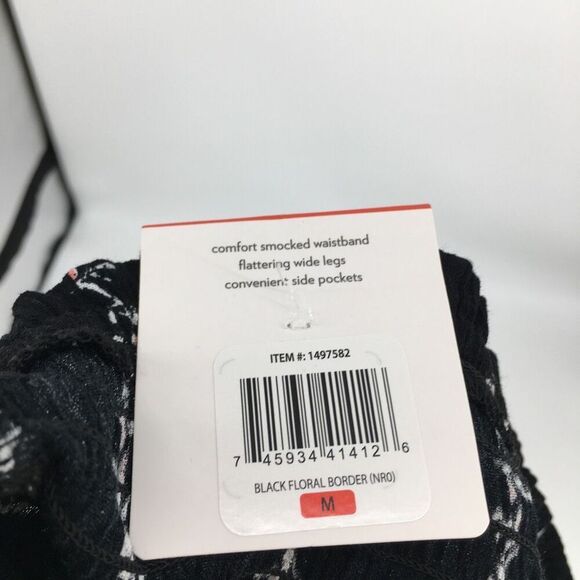 Three Dots Wide Leg Pants Womens Medium Black Floral Border Smocked Waist #M - Picture 12 of 14